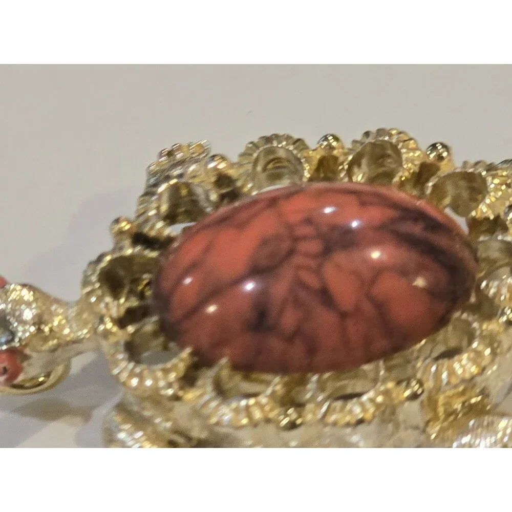Vintage Gerrys Turtle Brooch Pendant Red Marbled Cabochon Gold Tone Jewelry 1391